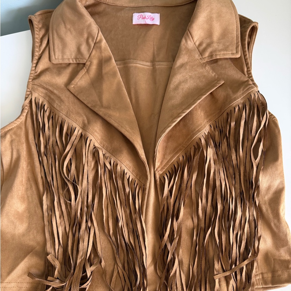 Pink Lily Camel Fringe Vest